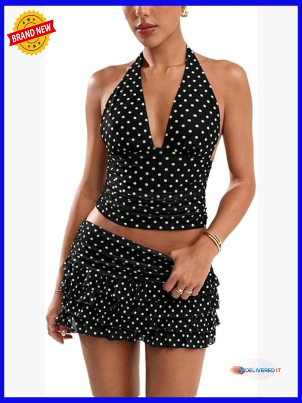 Polka Dot 2 Piece Skirt Set Halter V-Neck Top Ruffle Mini Skirt Summer Y2k